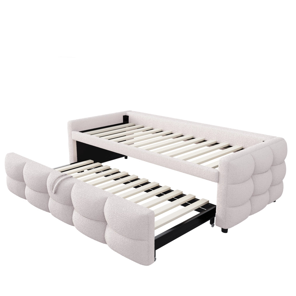 Letto estraibile 90×190 cm e 180×190 cm; 2 posti; imbottito; senza materasso; in tessuto morbido beige