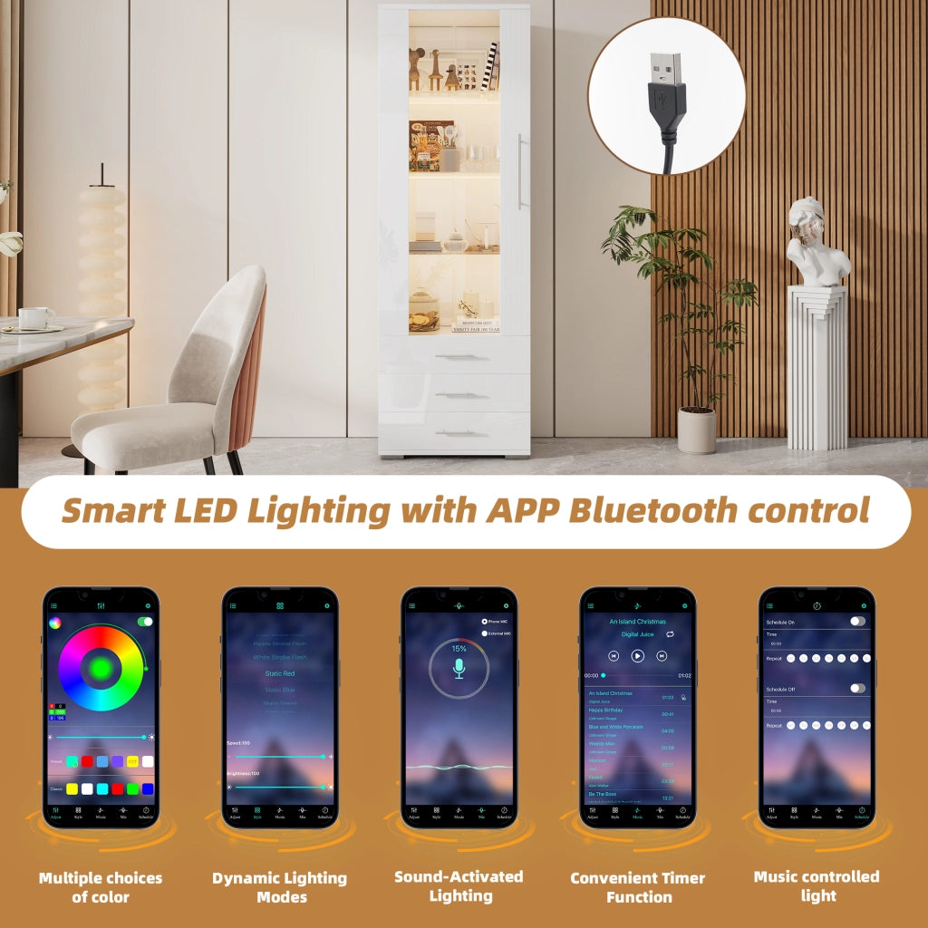 Vetrina bianca con LED controllabile tramite app; 1 anta in acrilico; 3 cassetti e ripiani in vetro temperato; 60 × 35 × 180 cm