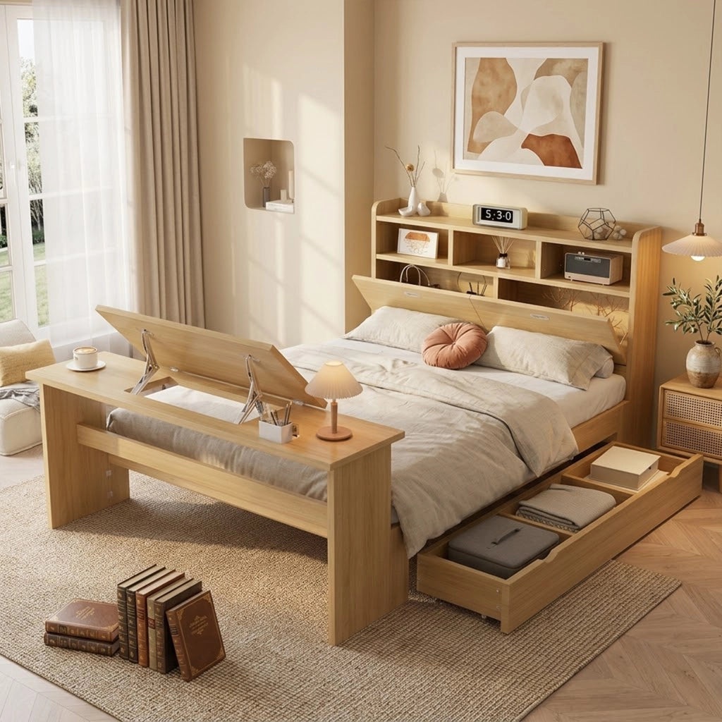 Letto una piazza e mezza 140×200 cm con cassetto; ripiani e tavolo pieghevole regolabile; senza materasso