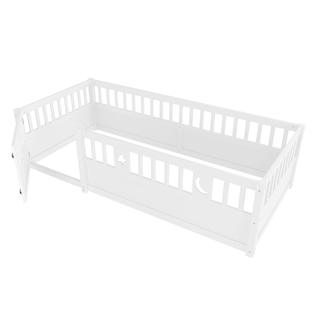 Letto per bambini 90x190 cm con spondine di sicurezza e chiusura; in pino e multistrato bianco