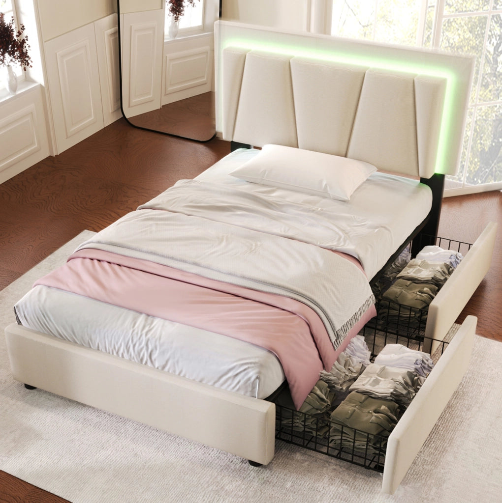 Letto singolo imbottito beige 90x200 cm con LED e materasso