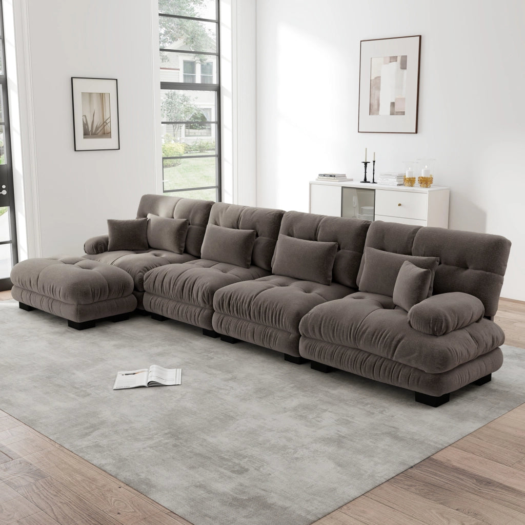 Set di divani modulari in ciniglia marrone con ottomane mobili