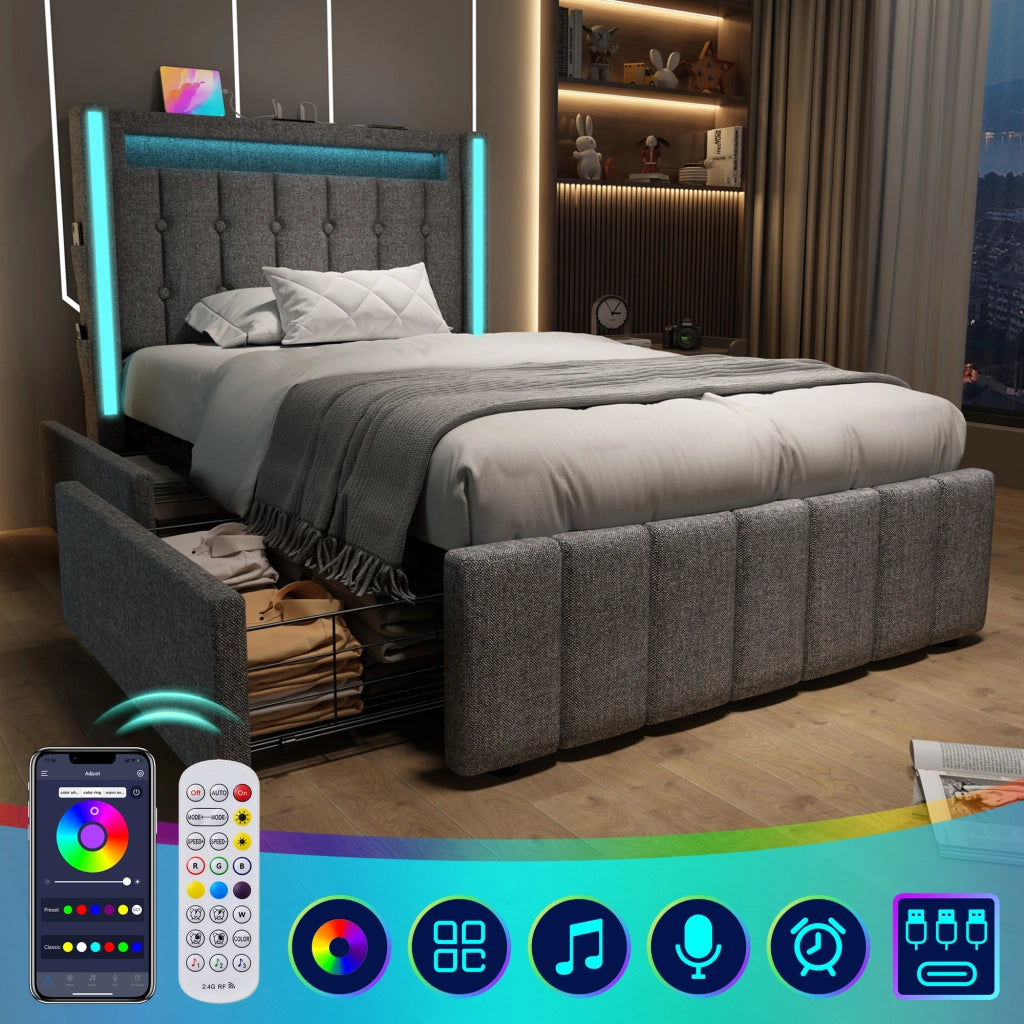 Letto con cassetti 90 × 200 cm con LED; USB e Type-C; testiera con tasche; rete a doghe; lino grigio