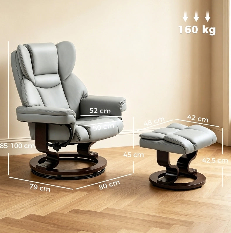 Poltrona reclinabile girevole con poggiapiedi grigio chiaro e seduta ergonomica confortevole