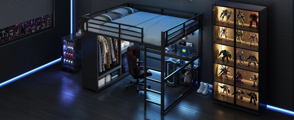 Letto a soppalco in metallo 160x200 cm con scrivania, LED e armadio aperto nero