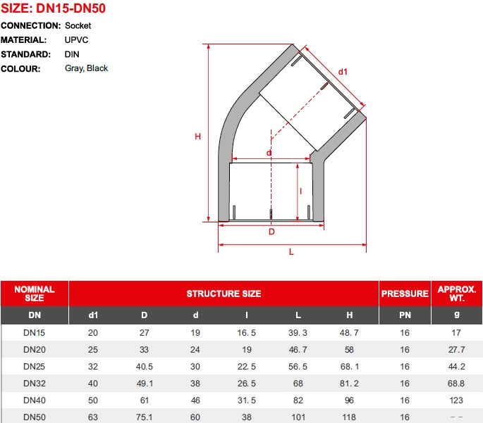 PVC Gomito 45° FF ad incollaggio Diametro 40