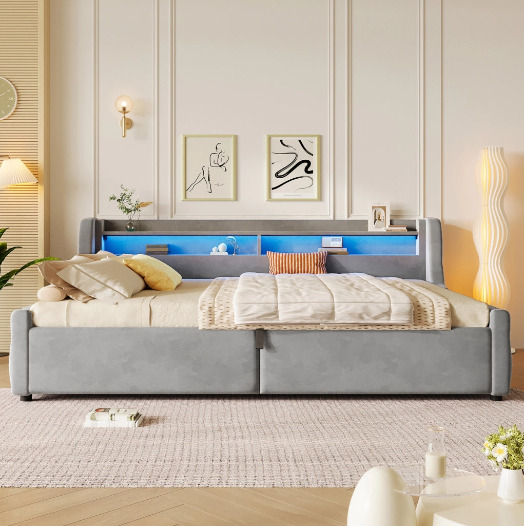 Letto imbottito 140 x 200 cm con vano contenitore e testiera LED; grigio
