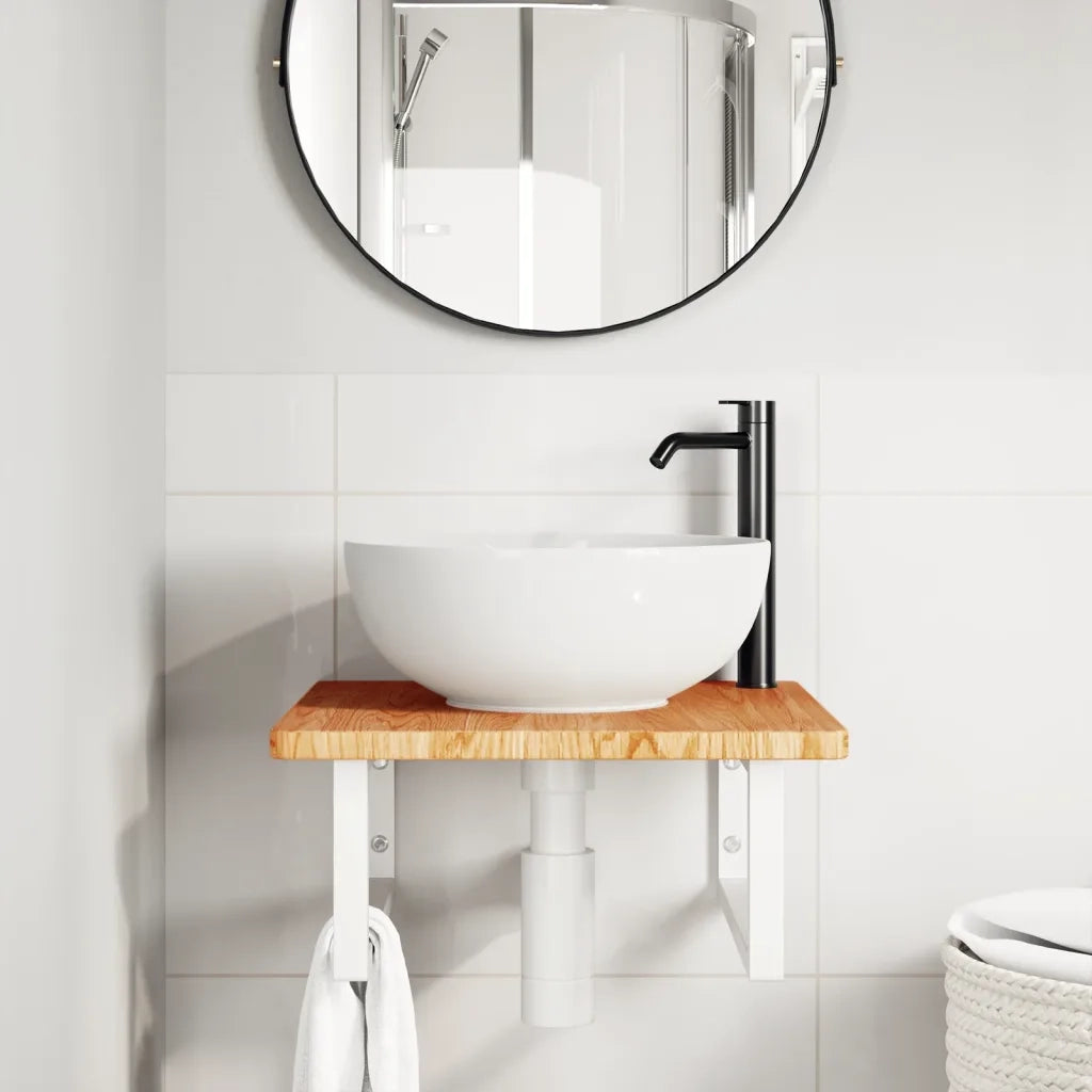 Ripiano a Parete per Lavabo in Acciaio e Massello di Rovere