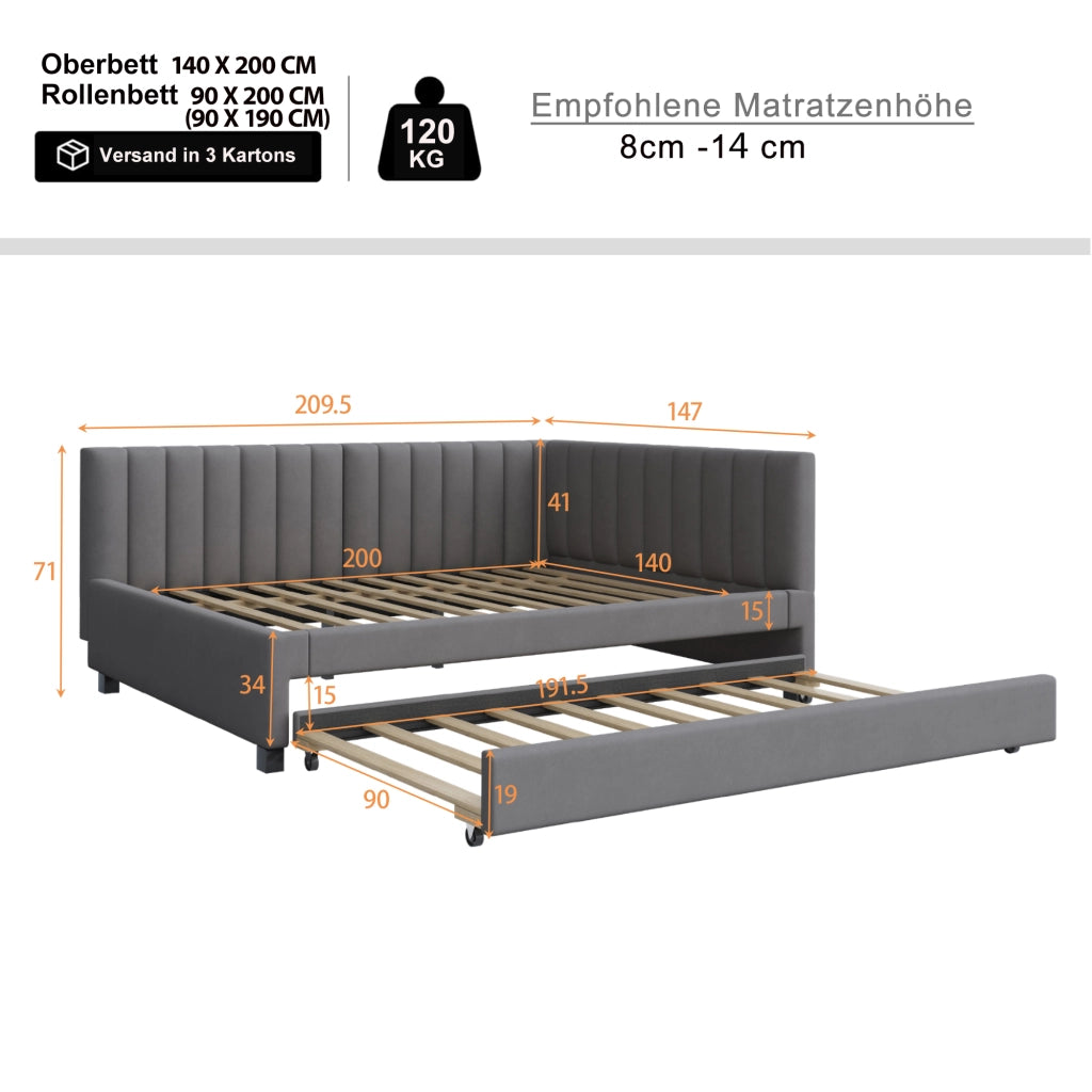 Divano letto 140 × 200 cm con letto estraibile 90 × 190 cm imbottito in velluto grigio con rete a doghe