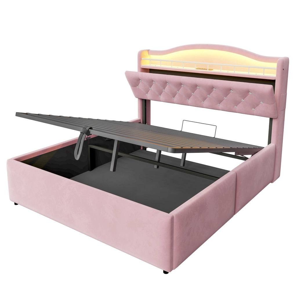 Letto Matrimoniale Contenitore 140x200 cm in Velluto Rosa con Testiera LED; Prese USB/USB-C e Rete a Doghe in Metallo