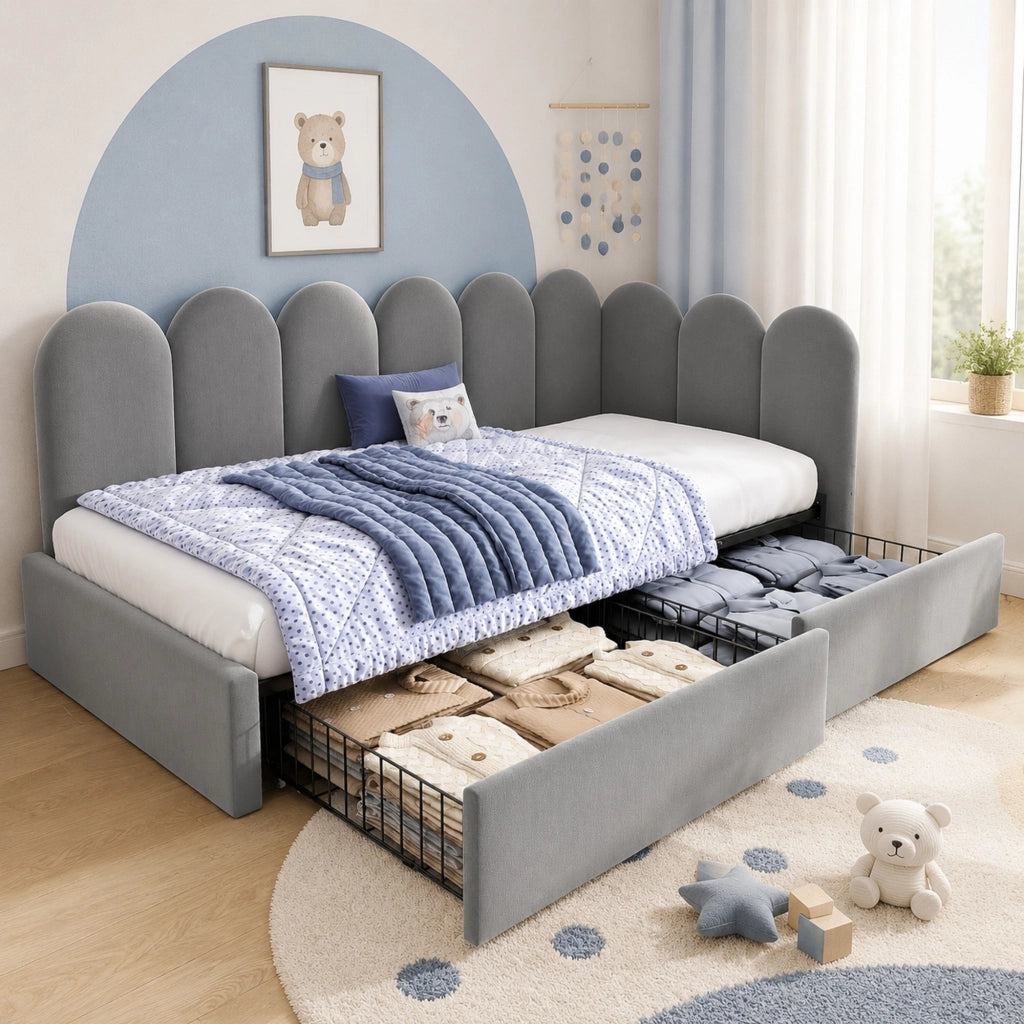 Letto con cassetti 90 × 200 cm a L imbottito in velluto grigio con schienale e lati intercambiabili
