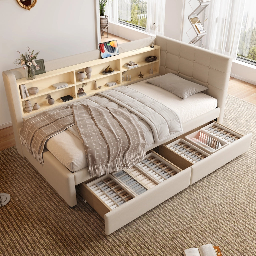 Letto 90x200 cm con 2 cassetti; USB e Tipo C in lino e MDF beige