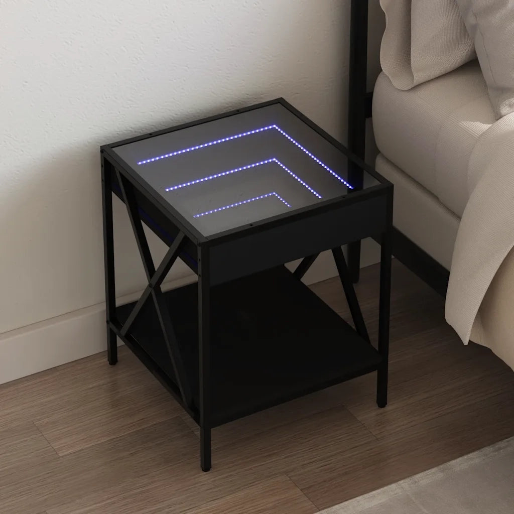 Comodino | Armadio da Notte | Mobiletto da notte con LED Infinity Nero 40x40x49 cm