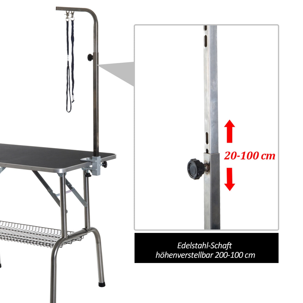 Tavolo da toelettatura per cani con braccio regolabile e cestello in acciaio inox nero 90 × 60 × 75 cm