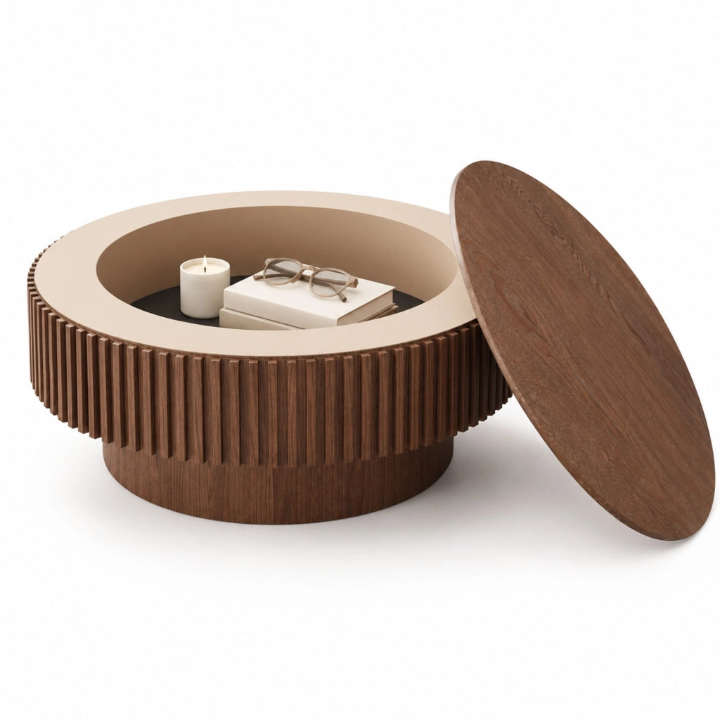 Tavolino rotondo 75 cm con contenitore, MDF e impiallacciatura in noce, moderno