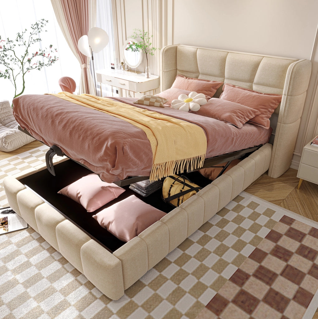 Letto imbottito con contenitore 90 x 200 cm beige