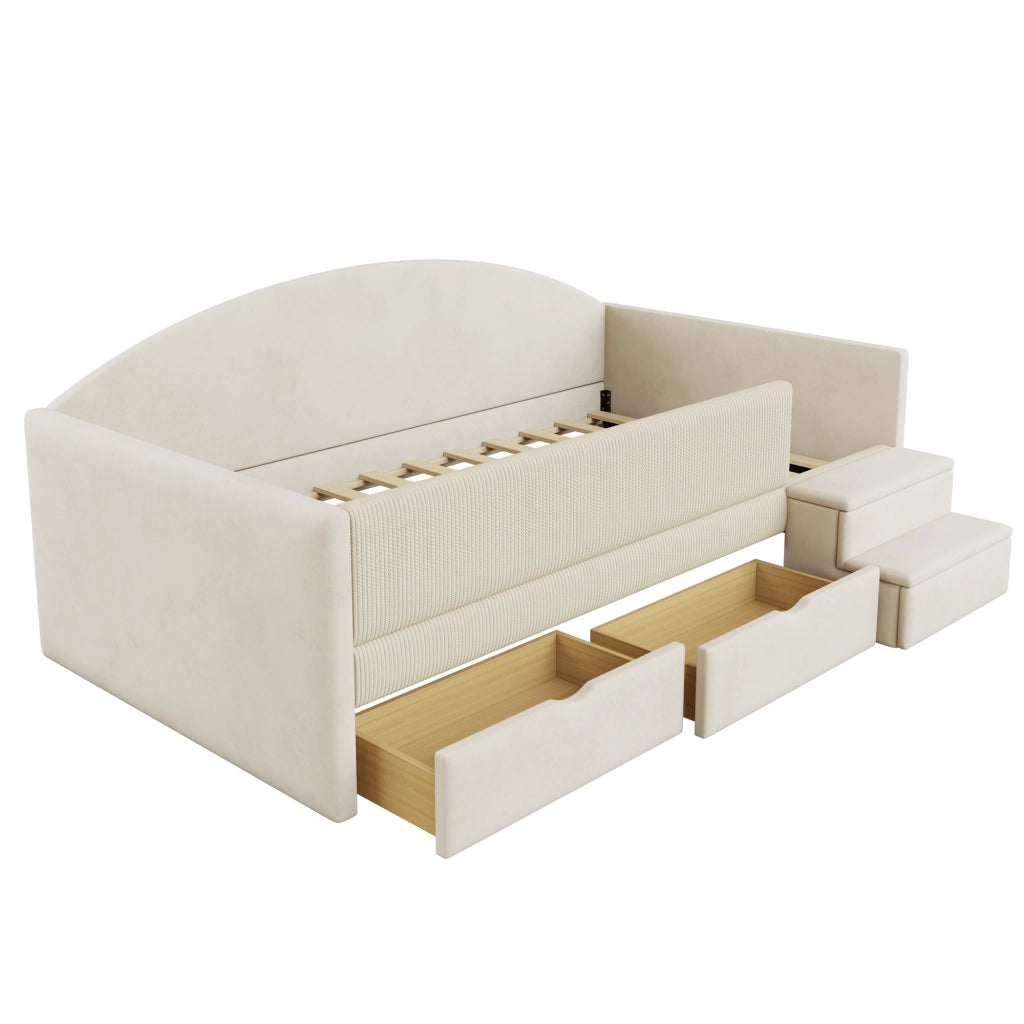 Letto imbottito singolo 90×190 cm con 2 cassetti; sponde; gradini e rete a doghe; senza materasso; beige