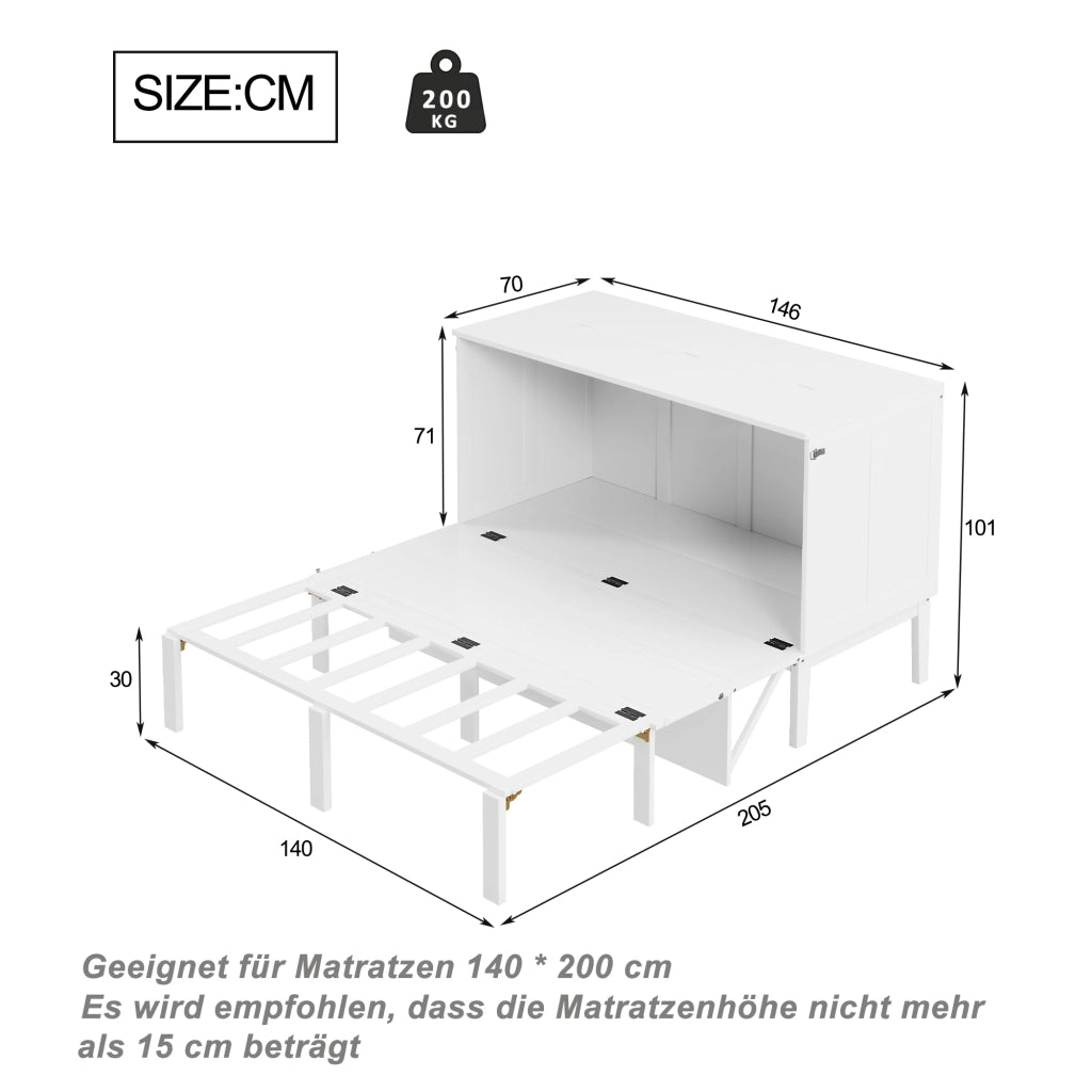 Letto a scomparsa verticale 140 × 200 cm 2 posti, con vani sottoletto e ripiano, senza materasso, bianco