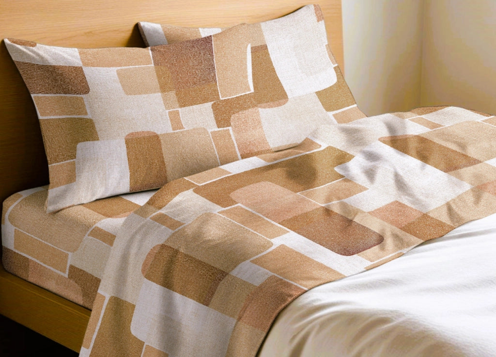 Completo Lenzuola Letto In 100% Cotone Made Italy Disegno Brick - Piazza E Mezza - Arancio
