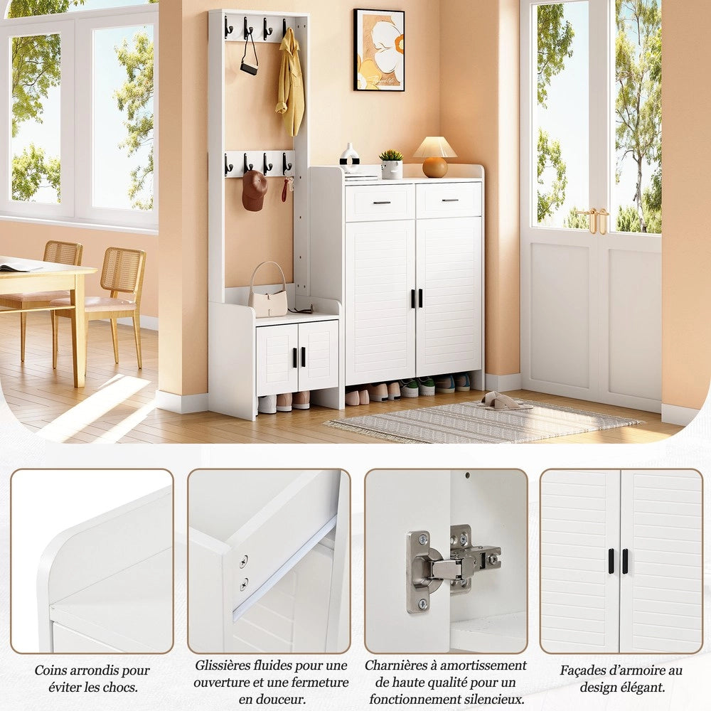 Set appendiabiti e scarpiera ingresso ¨C Minimal ¨C bianco, 2 cassetti 2 ante 6 ripiani 8 ganci, 125x36x165 cm