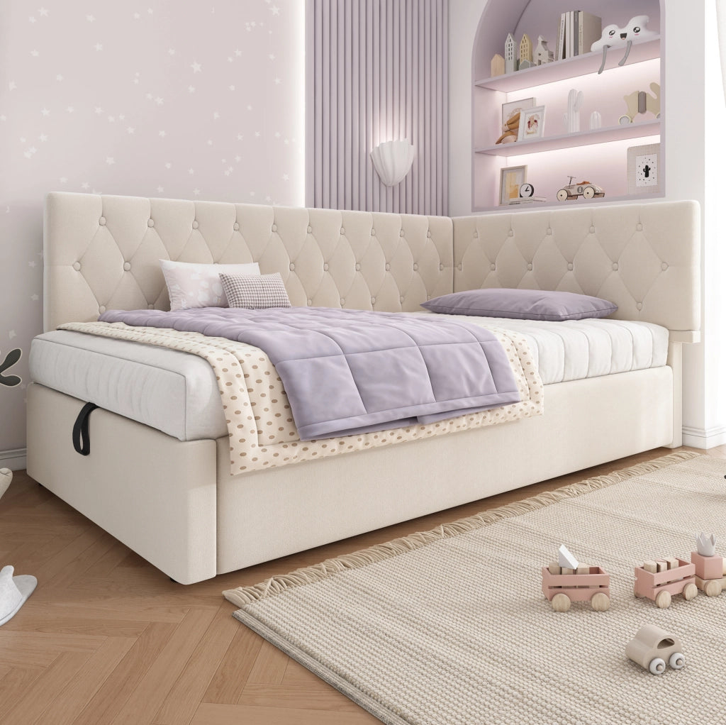 Divano letto 90x200 cm con contenitore idraulico; velluto beige; senza materasso