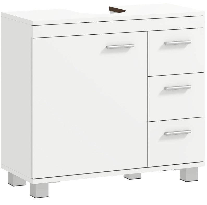 Mobile bagno bianco in MDF con ripiani, 3 cassetti e taglio a U per lavabo a colonna