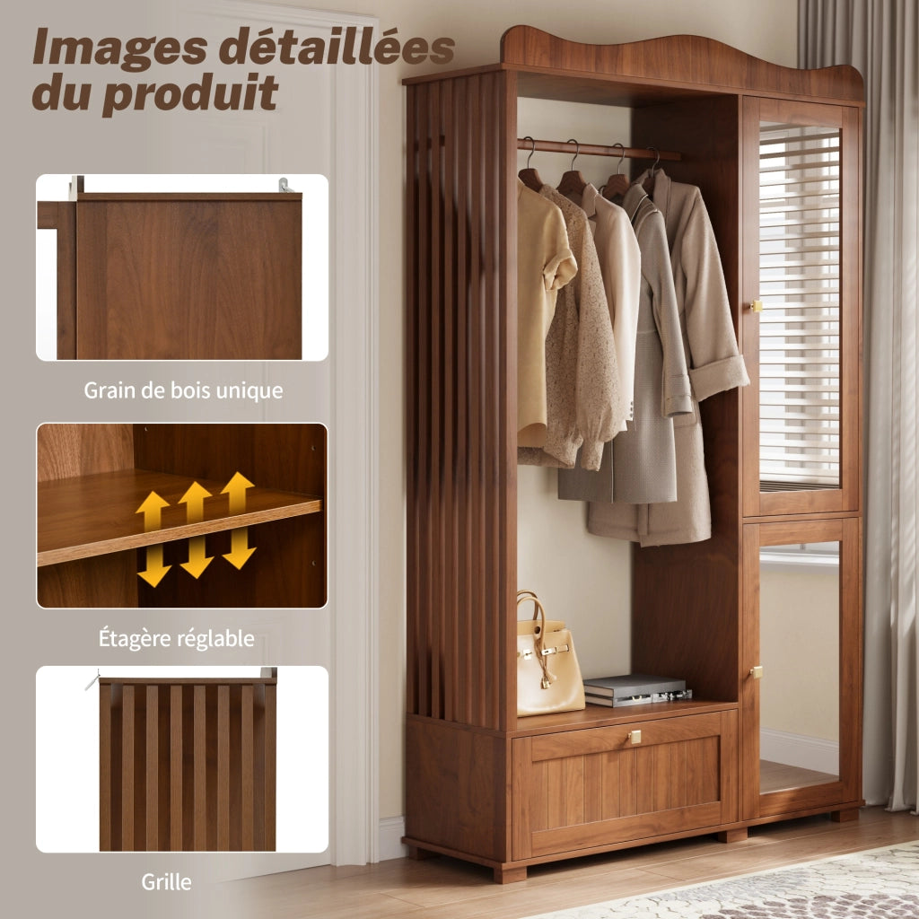 Guardaroba aperto con specchio intero barra appendiabiti ante e cassetti in MDF color noce 115.5 × 38.5 × 194.5 cm
