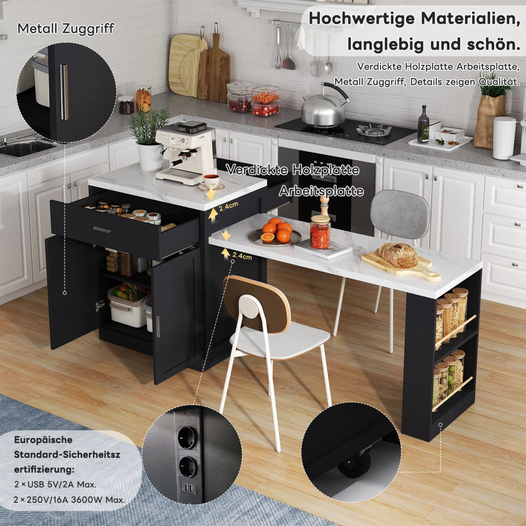 Mobile base da cucina con tavolo estraibile per 2–6 persone; prese USB; nero 211 × 55 × 89.5 cm