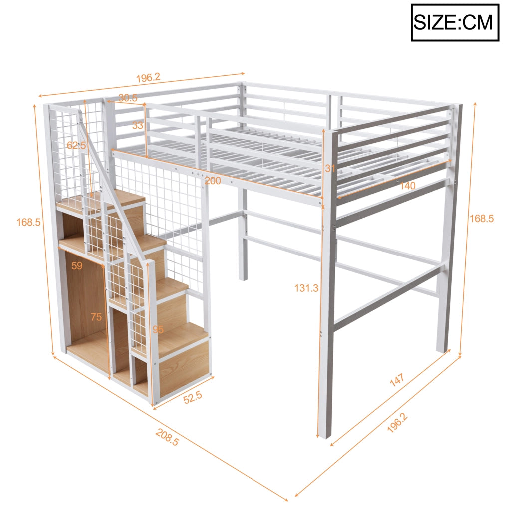 Letto a soppalco in metallo 140x200 cm con scaletta e spazio contenitivo, letto per ragazzi nero e bianco