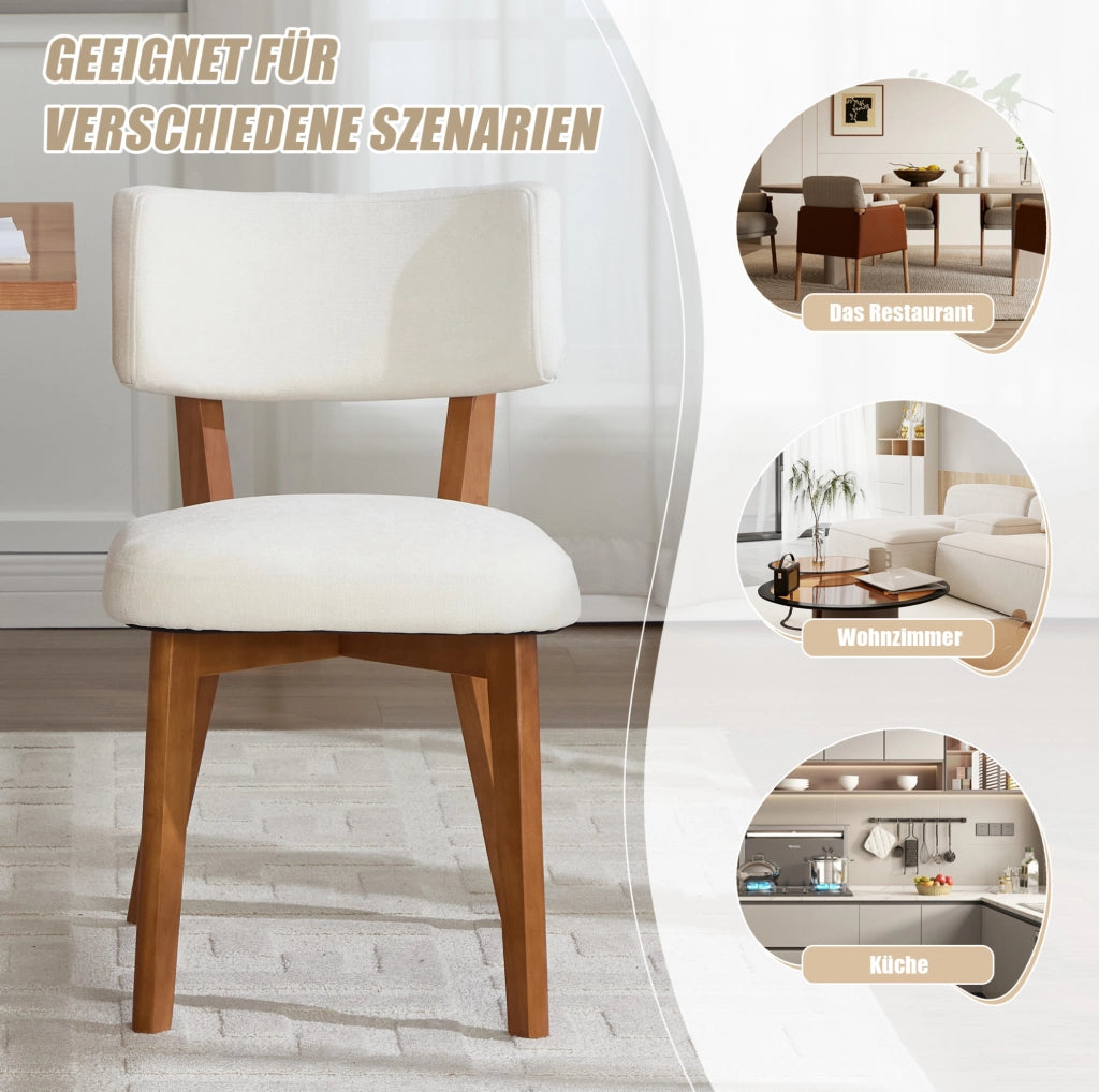 Set 2 Sedie da Pranzo Stile Mid-Century con Gambe in Legno Massello e Seduta Imbottita in Tessuto Beige