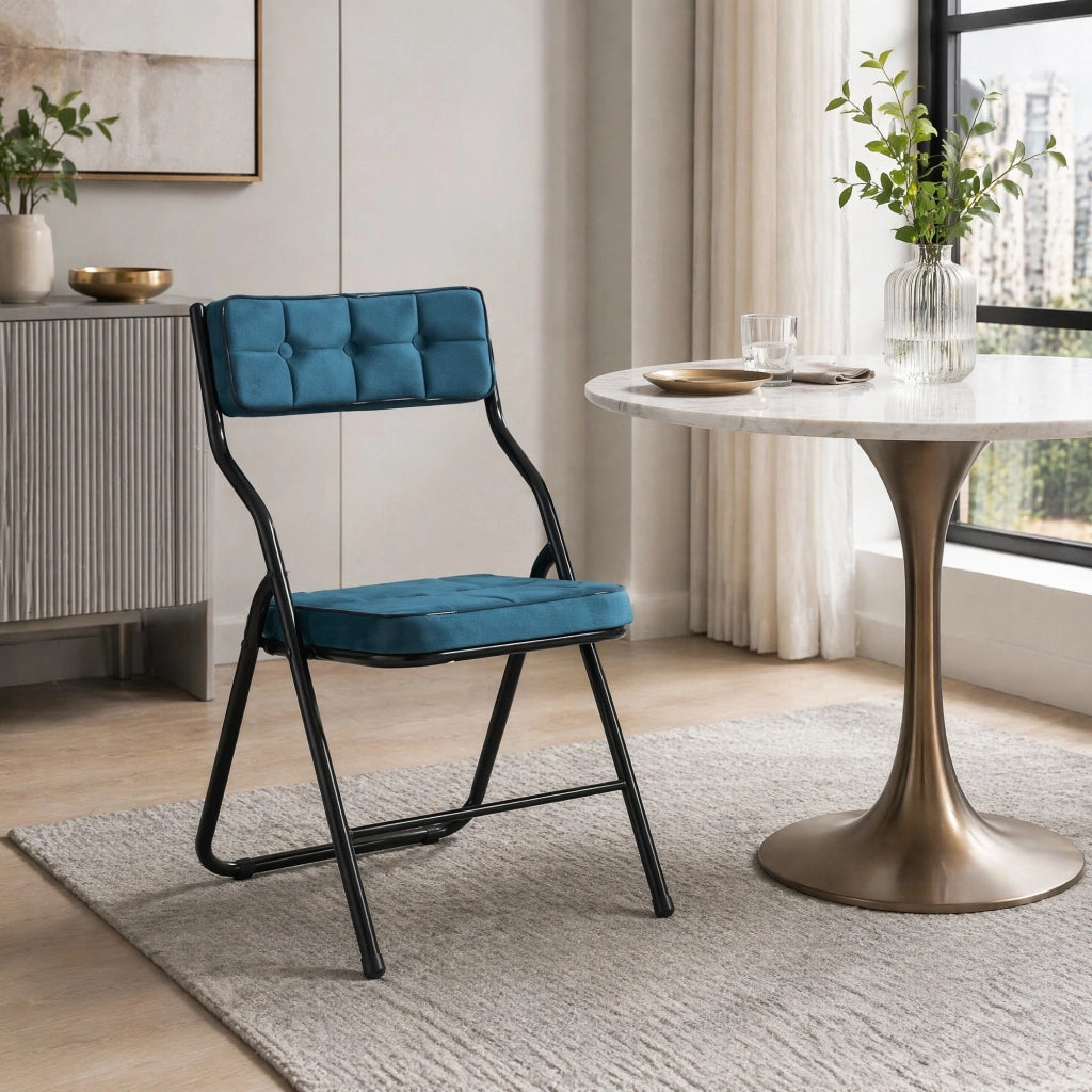 Set di 2 sedie da pranzo pieghevoli con seduta e schienale imbottiti struttura in acciaio in velluto blu