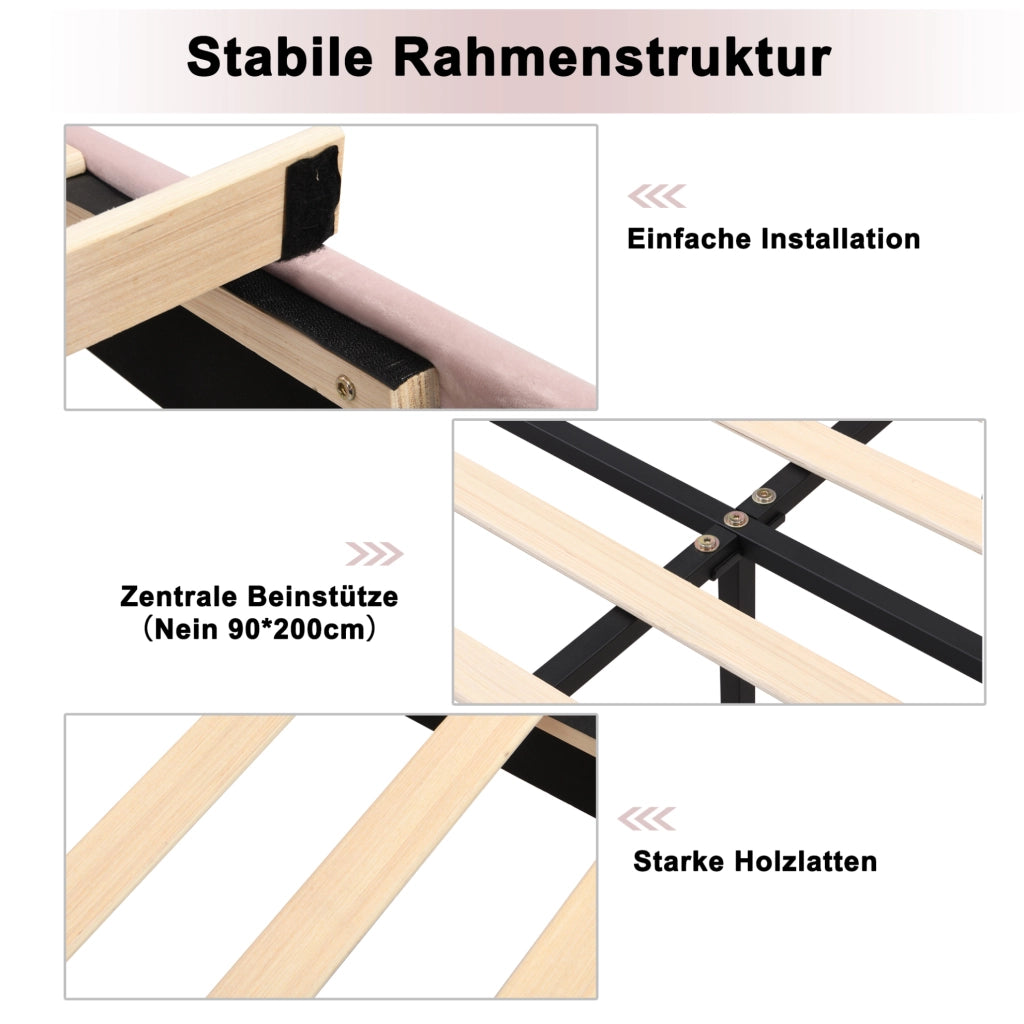 Letto singolo 90x200 cm in velluto rosa; testiera regolabile e gambe in ferro dorato