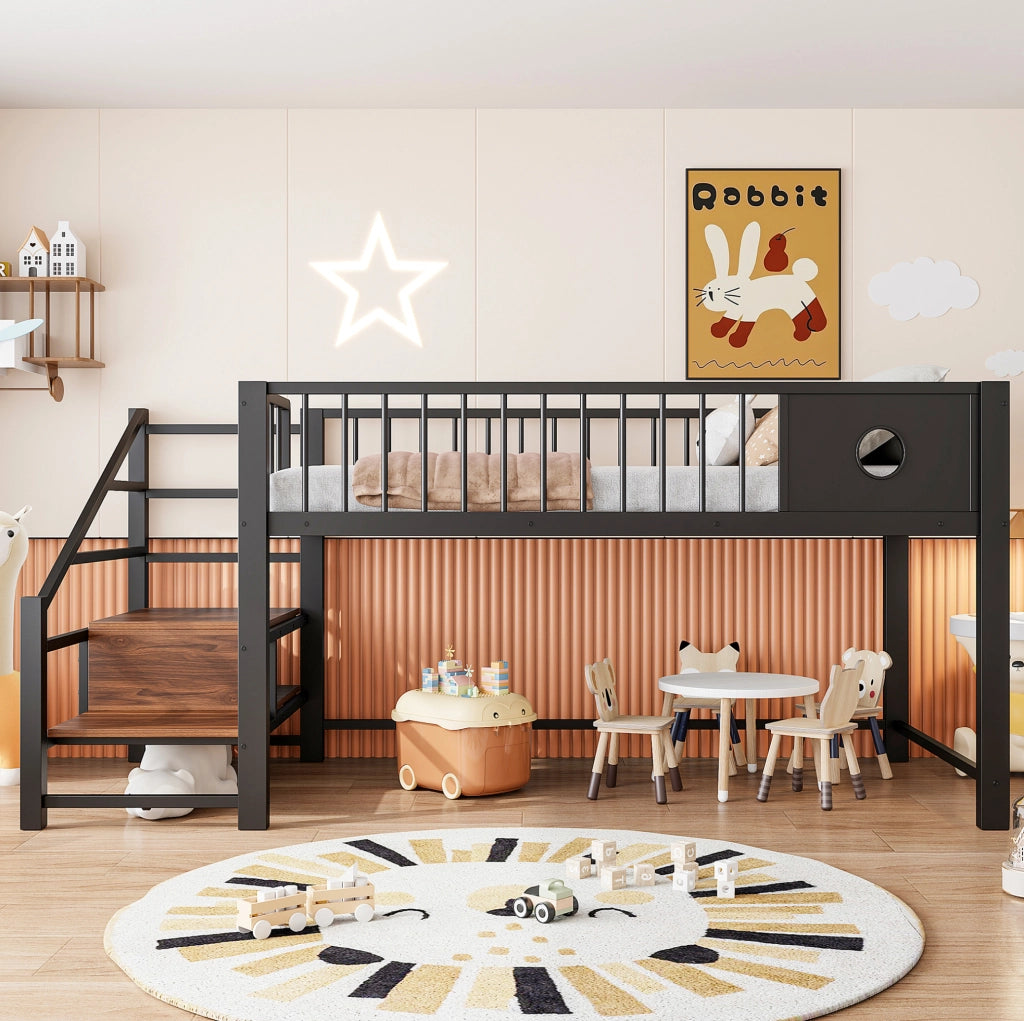 Letto a soppalco basso per bambini 90x200 cm con struttura metallica nera e scala contenitore