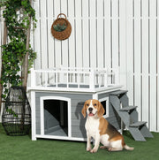 Cuccia rialzata per cani in legno massello di abete grigio chiaro con terrazza e scala
