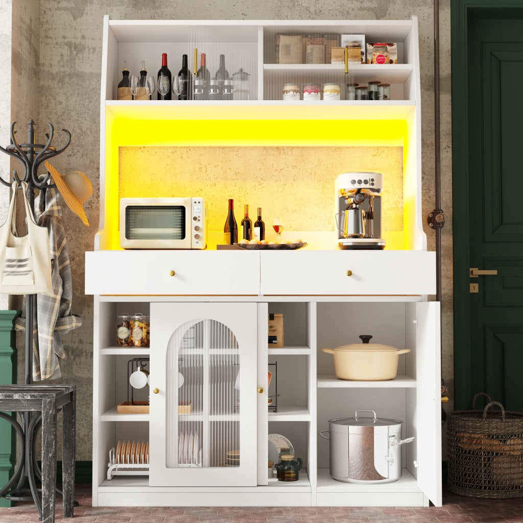 Mobile colonna da cucina con ante scorrevoli in vetro LED regolabili e 2 cassetti bianco 120 × 40 × 180 cm