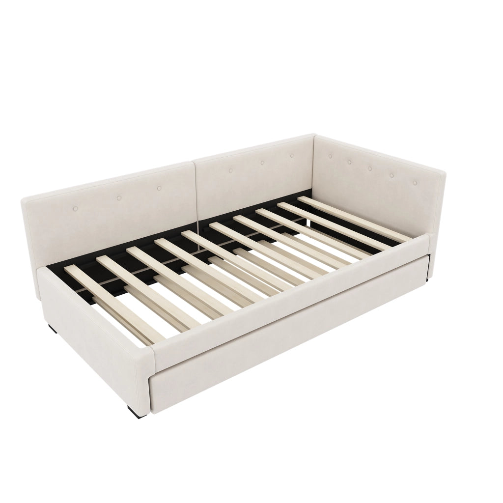 Divano letto singolo 90x200 cm con letto estraibile 90x190 cm; velluto beige; rete a doghe e testiera