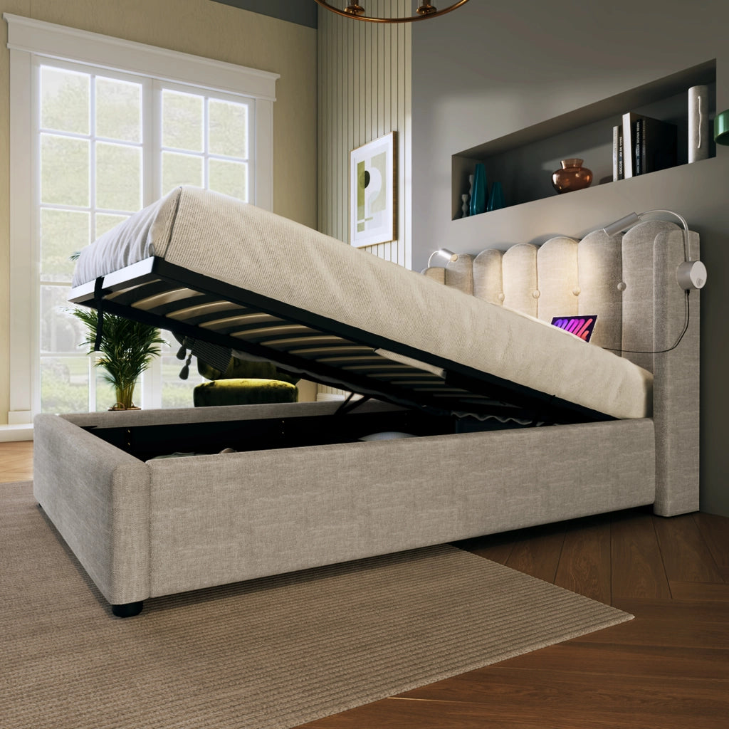 LETTO Contenitore 90x200 cm in Lino Naturale con Luce da lettura e USB