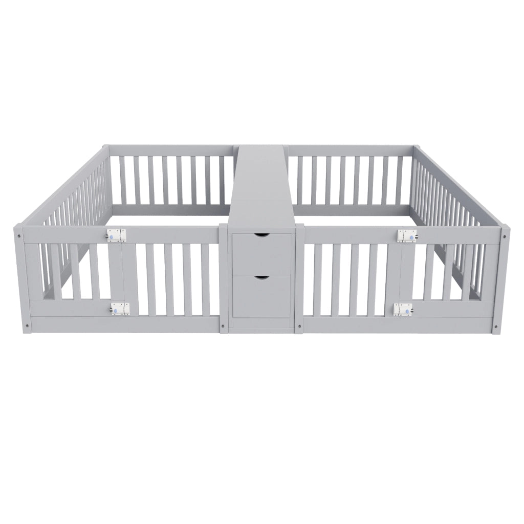 Letto per bambini 2 posti 90 × 200 cm con cassetti, ripiani centrali e sponde alte, senza materasso, grigio