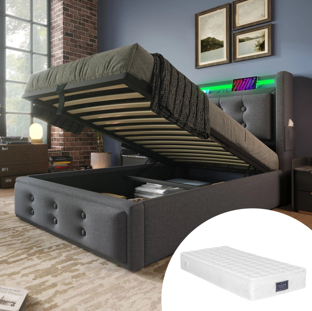 Letto singolo 90x200 cm con contenitore; LED e USB-C; in cotone e lino; grigio