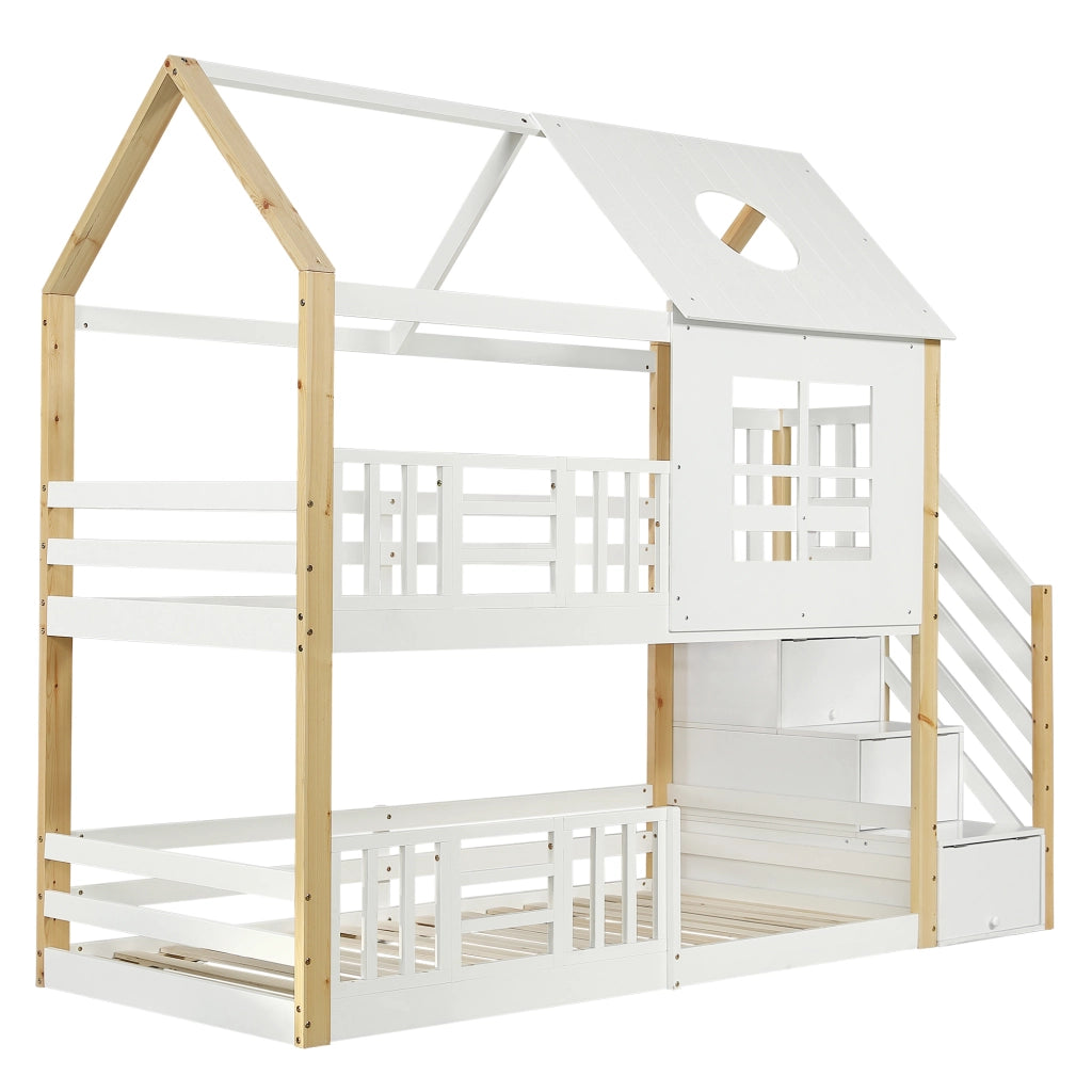 OKWISH Letto a Castello 90×200 cm, Letto Singolo con Scala Contenitore, Sponde e Design a Casetta, senza Materasso, Bianco Naturale