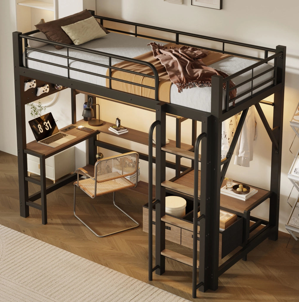 LETTO A SOPPALCO 90x200 cm Metallo e MDF Nero con Scrivania, LED e USB