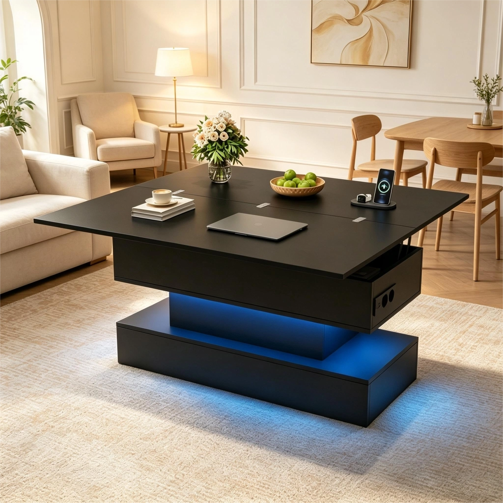 Tavolino da Salotto Sollevabile Nero con Prese USB e LED 100x50x51.5cm