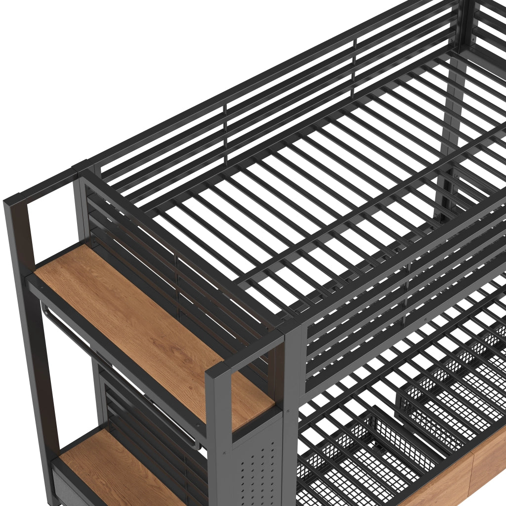Letto a castello 90 × 200 cm con LED; cassetti; ripiani e barra appendiabiti in metallo e MDF nero
