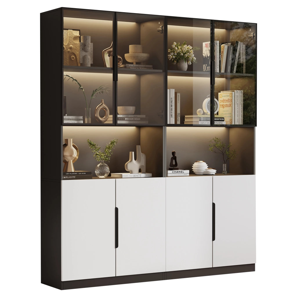 Vetrina con LED regolabili e ante in vetro temperato ripiani regolabili bianco e nero 160 × 30 × 200 cm