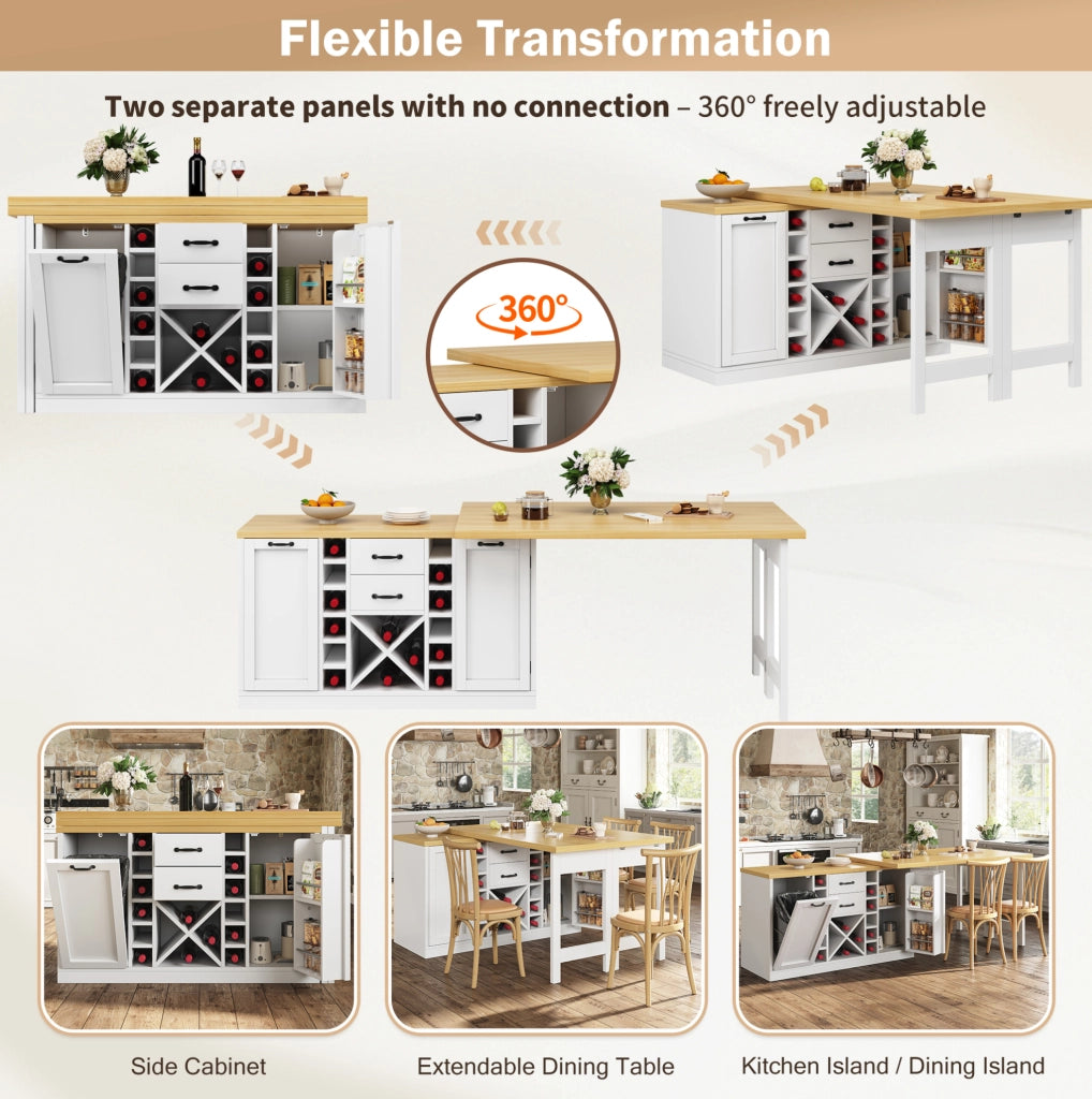 Isola cucina girevole 360° con tavolo 120-223x40x73;8 cm; MDF bianco e metallo