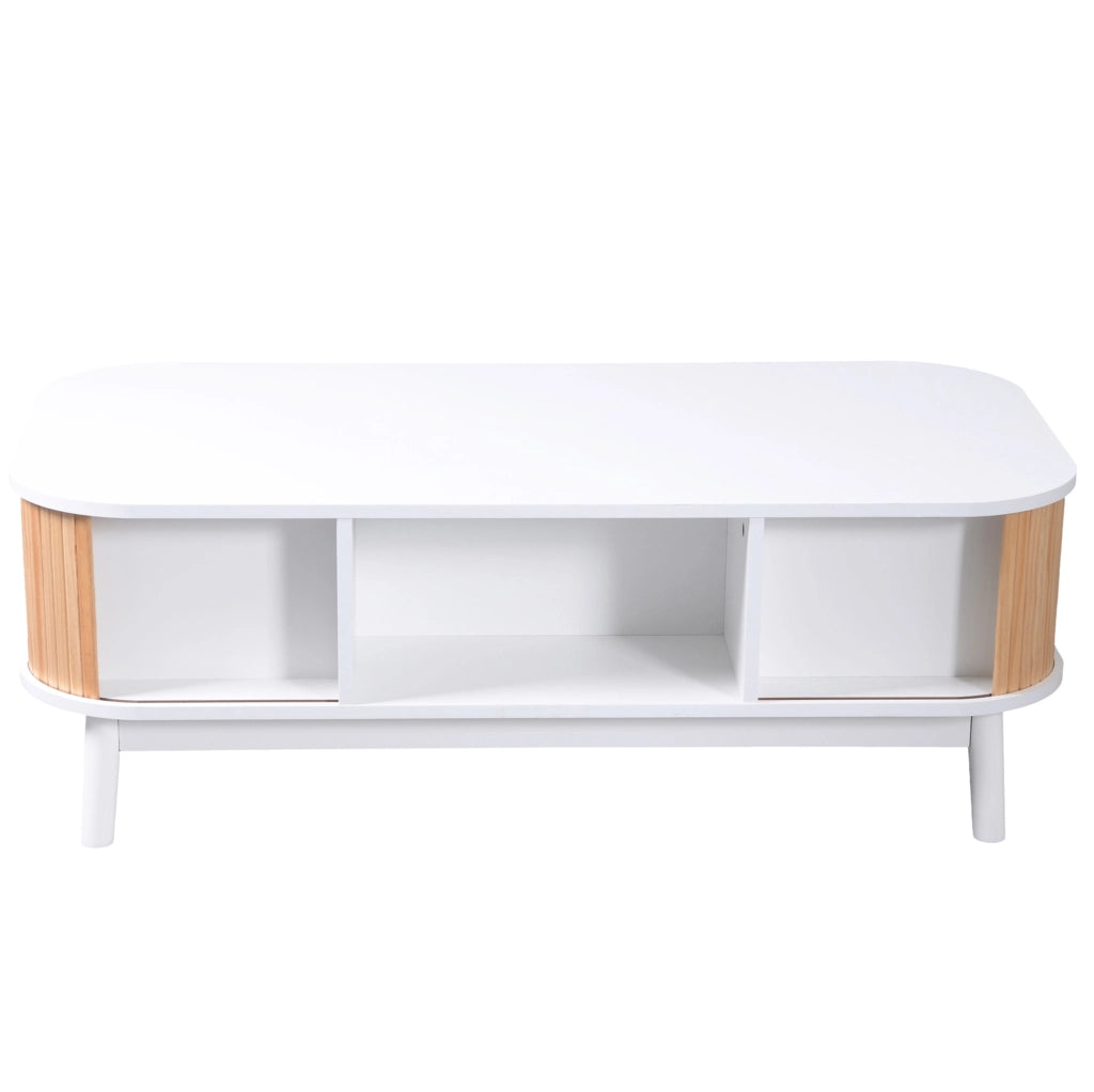 Tavolino da caffè in rattan con ante in legno massello, 110x55x38,5 cm, bianco e legno naturale