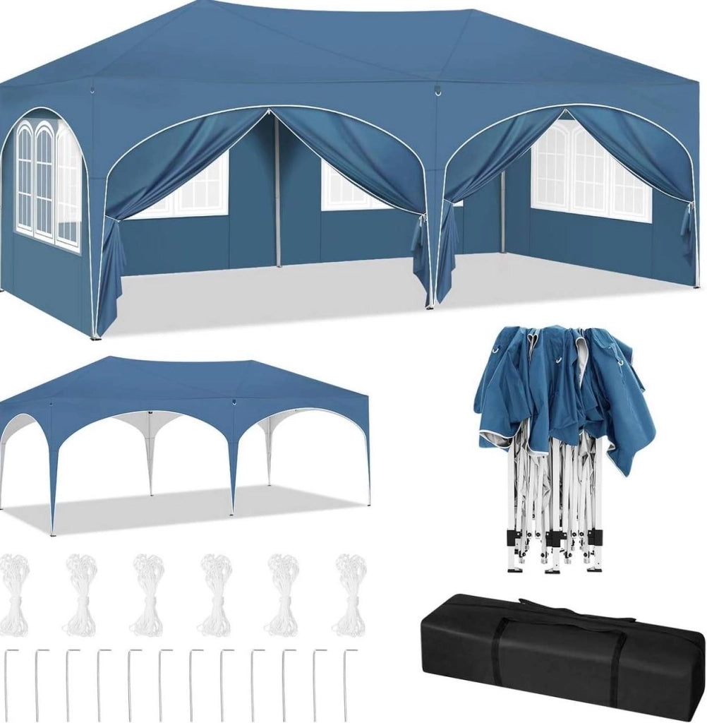 Gazebo pieghevole 3 x 6 m blu con 6 pareti laterali