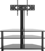 Scaffale TV a vetro per schermo da 32 a 70 pollici, ±45° regolabile e in altezza regolabile, cassettone TV con 3 pannelli in vetro resistente, compatibile con VESA 600x400mm, peso massimo 50KG