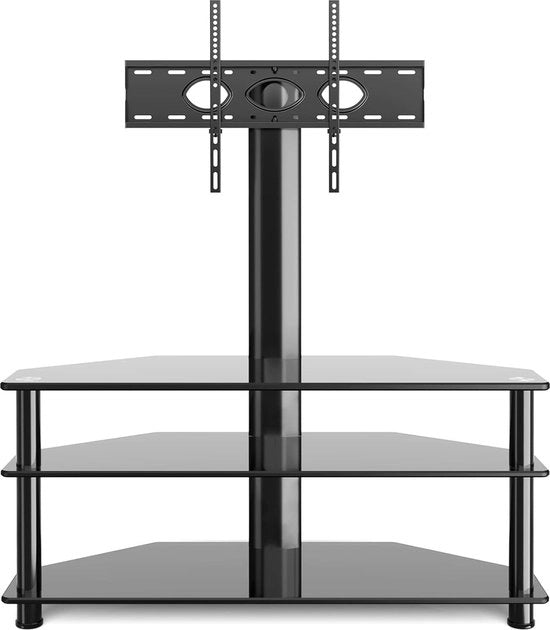 Scaffale TV a vetro per schermo da 32 a 70 pollici, ±45° regolabile e in altezza regolabile, cassettone TV con 3 pannelli in vetro resistente, compatibile con VESA 600x400mm, peso massimo 50KG