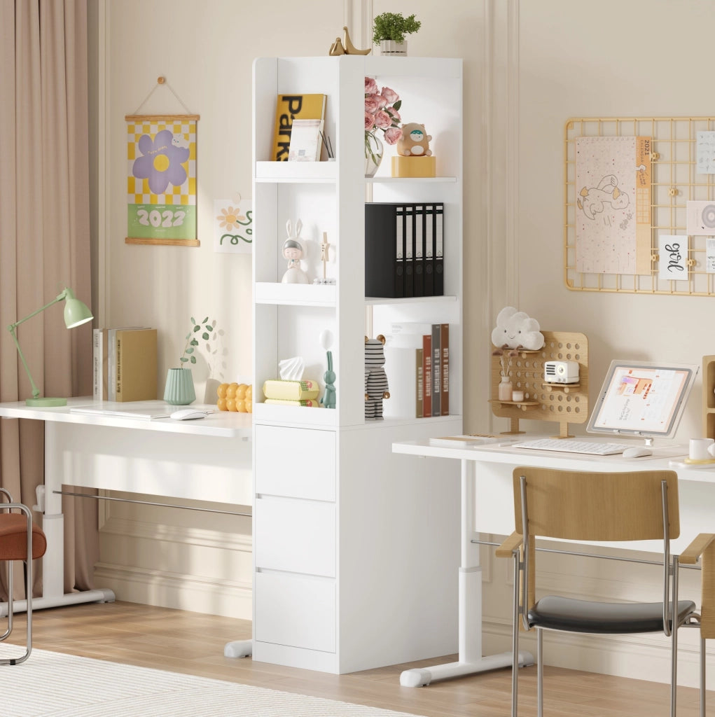 Libreria stretta alta con 3 vani aperti e 3 cassetti